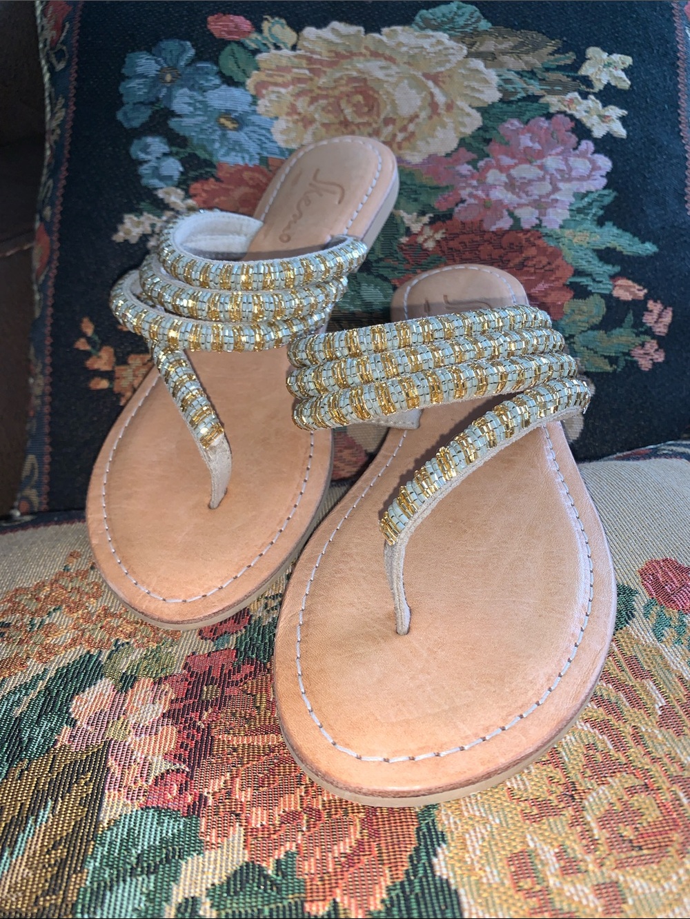 Skemo Tan Leather Thong Sandals with Gold & Silver Beaded Straps